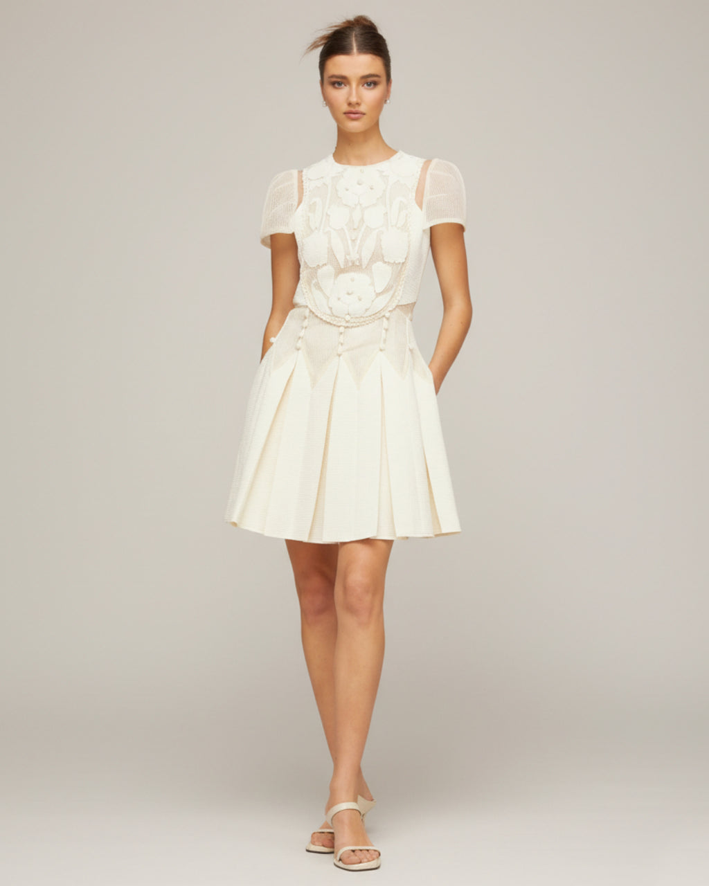 Lucienne Ivory Embroidered Floral Short-Sleeve Mini Dress, mesh floral embroidered dress, embroidered lace
