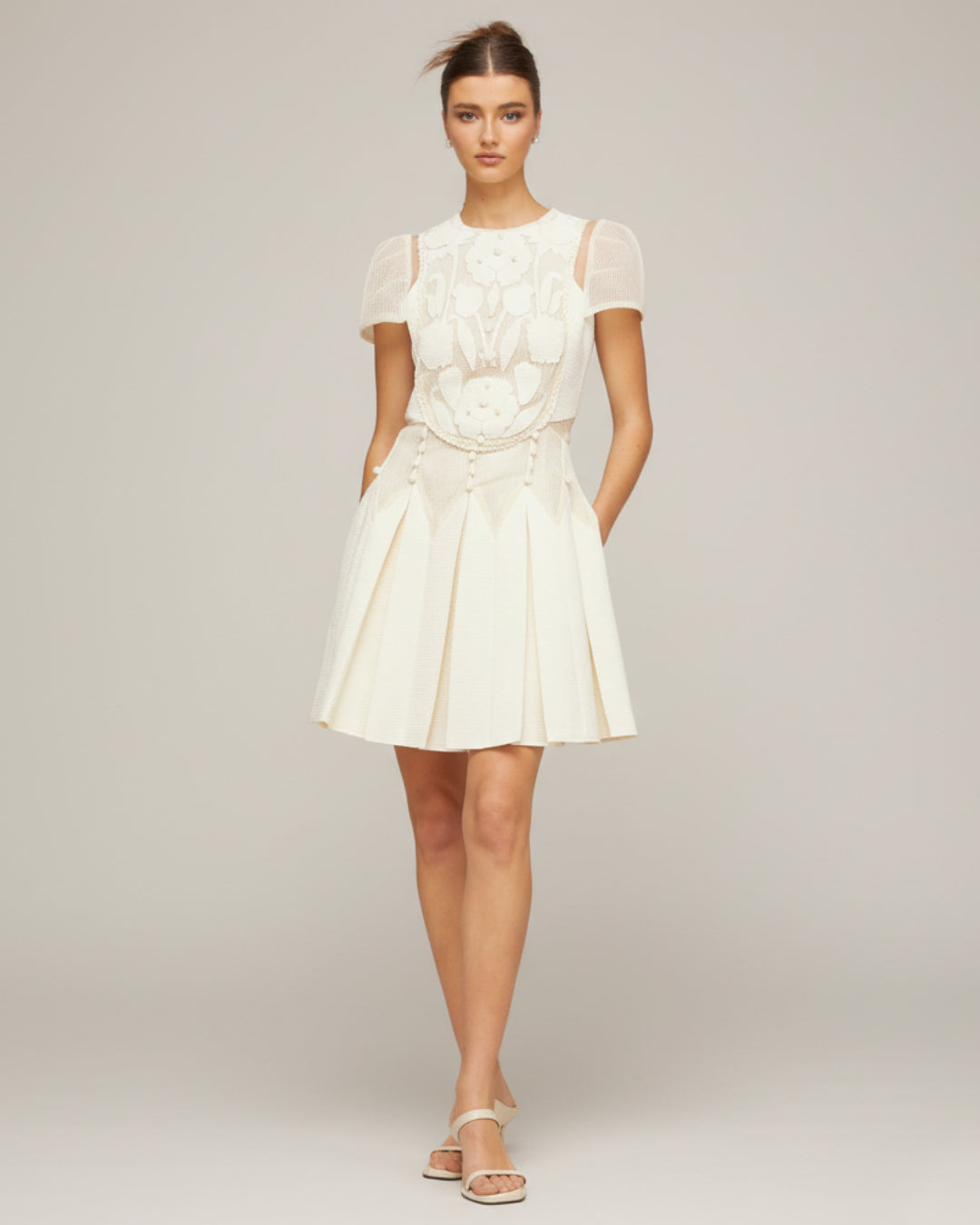 Lucienne Ivory Embroidered Floral Short-Sleeve Mini Dress, mesh floral embroidered dress, embroidered lace