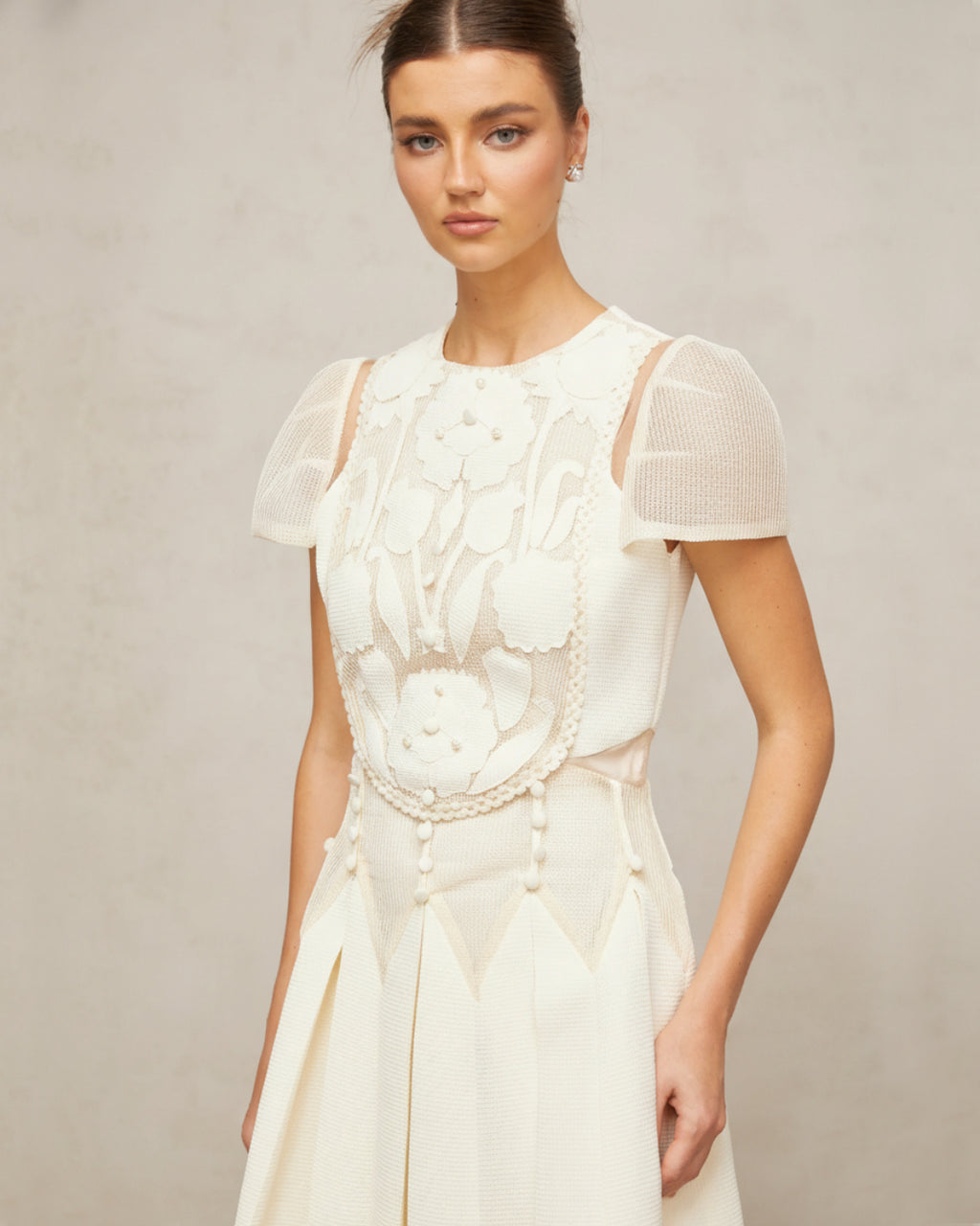 Lucienne Ivory Embroidered Floral Short-Sleeve Mini Dress, embroidered flower dress, embroidered lace dress white