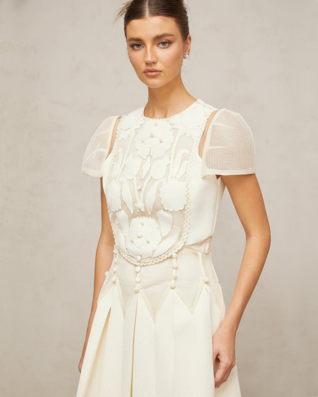 Lucienne Ivory Embroidered Floral Short-Sleeve Mini Dress, embroidered flower dress, embroidered lace dress white