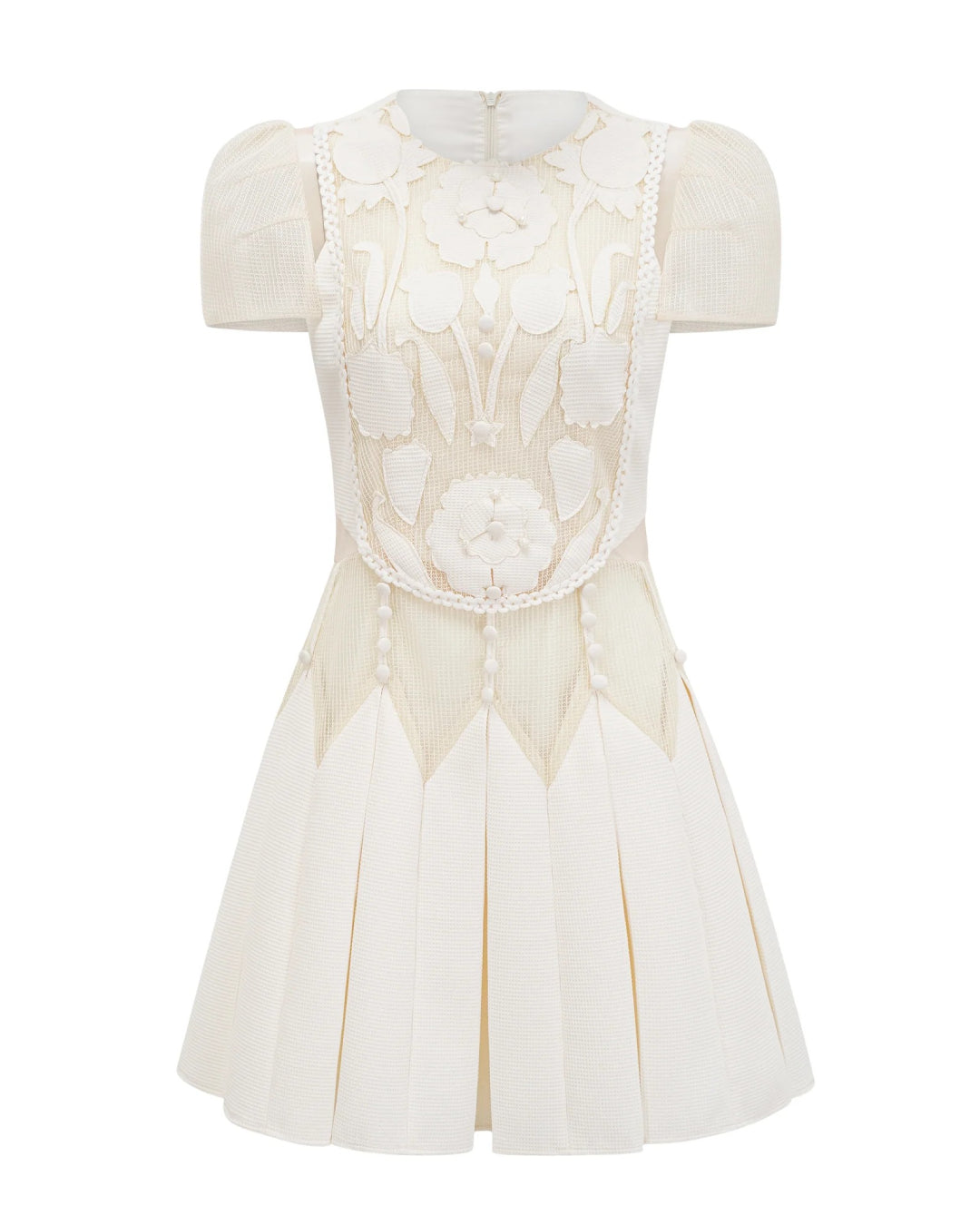 Lucienne Ivory Embroidered Floral Short-Sleeve Mini Dress, women's floral embroidered dress, white short embroidered dress