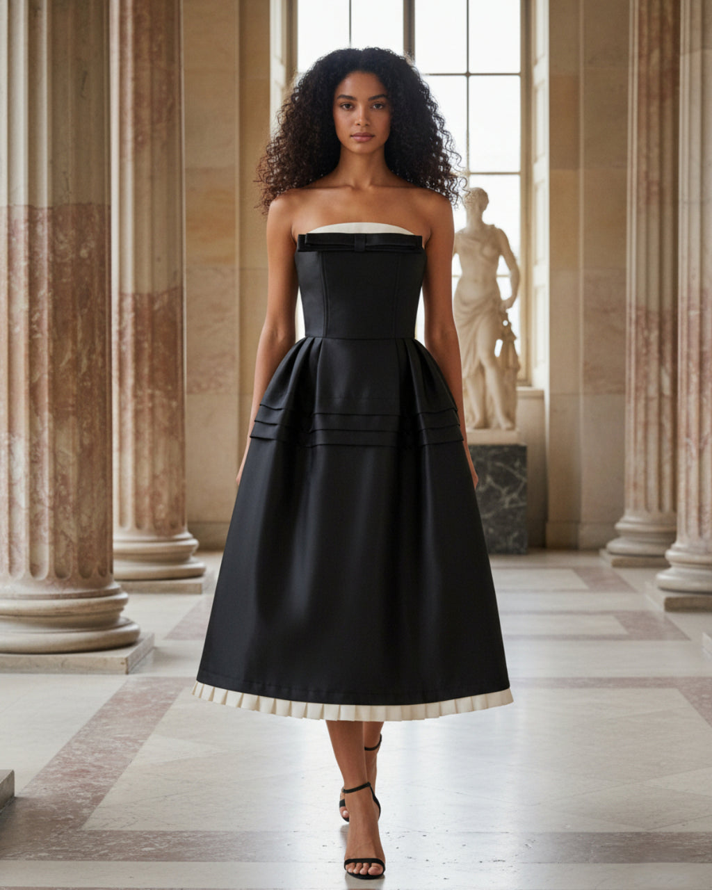 Woman wearing a black strapless dress with a white hem