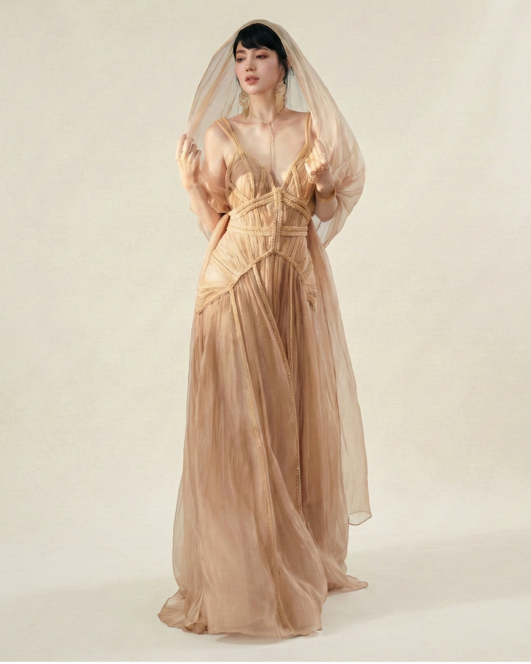Beige Goddess Ethereal Modest Dress, Lysandra Maxi Dress, ethereal wedding dress​, ethereal dress​