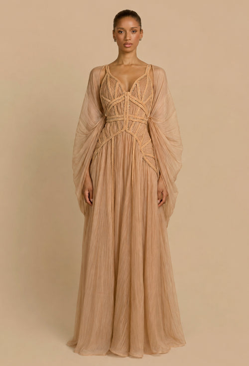 ethereal long sleeve maxi dress product info and reviews Beige Goddess Modest 3 drawer bedside table Velvi - Sochi Gown neckline button Suggested Age:2-3T