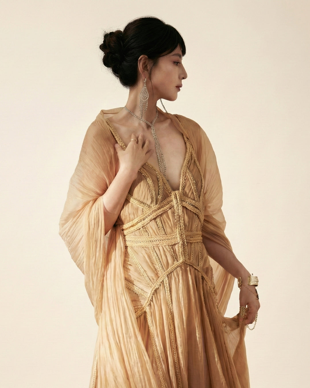 Beige Goddess Ethereal Modest Dress, Lysandra Maxi Dress, ethereal wedding dress​, shawl dress wear