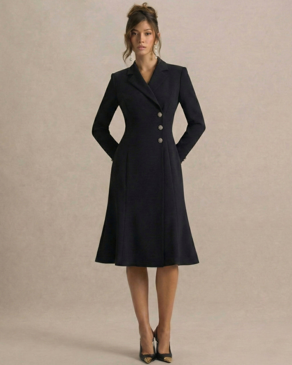 Lysette Black Long Sleeve Midi Dress, party work dress, work party dress​, dress for work​