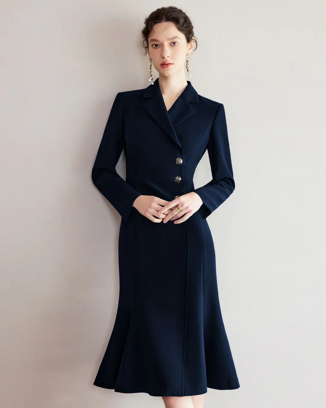 Lysette navy long sleeve black tie wedding guest midi dress