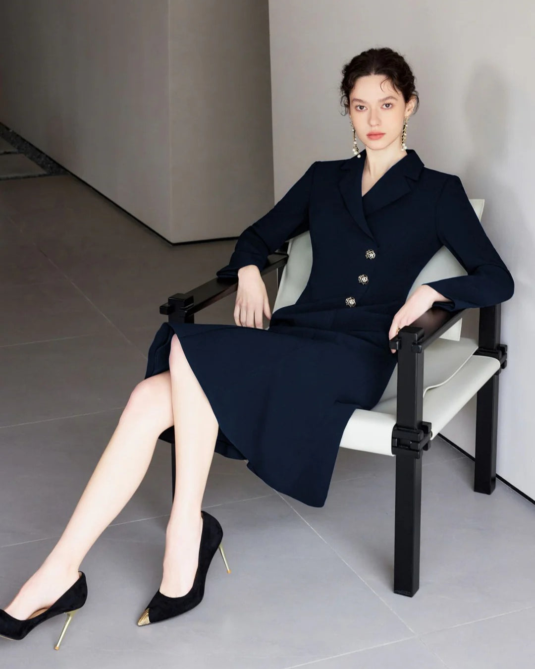 Lysette Navy Long-Sleeve Midi Dress, going to work dress to impress​, midi work dress