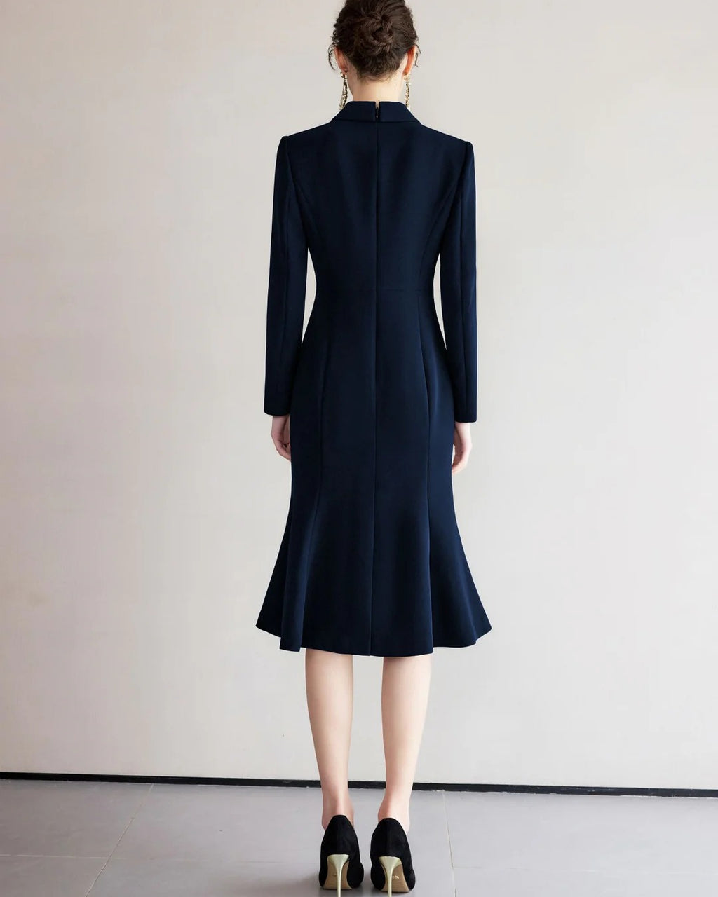 Lysette Navy Long-Sleeve Midi Dress, going to work dress to impress​, midi work dress