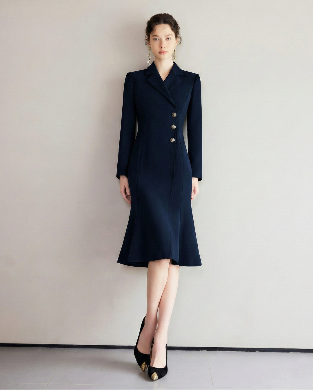 Lysette Navy Long-Sleeve Midi Dress, dress working​, ladies dress for work