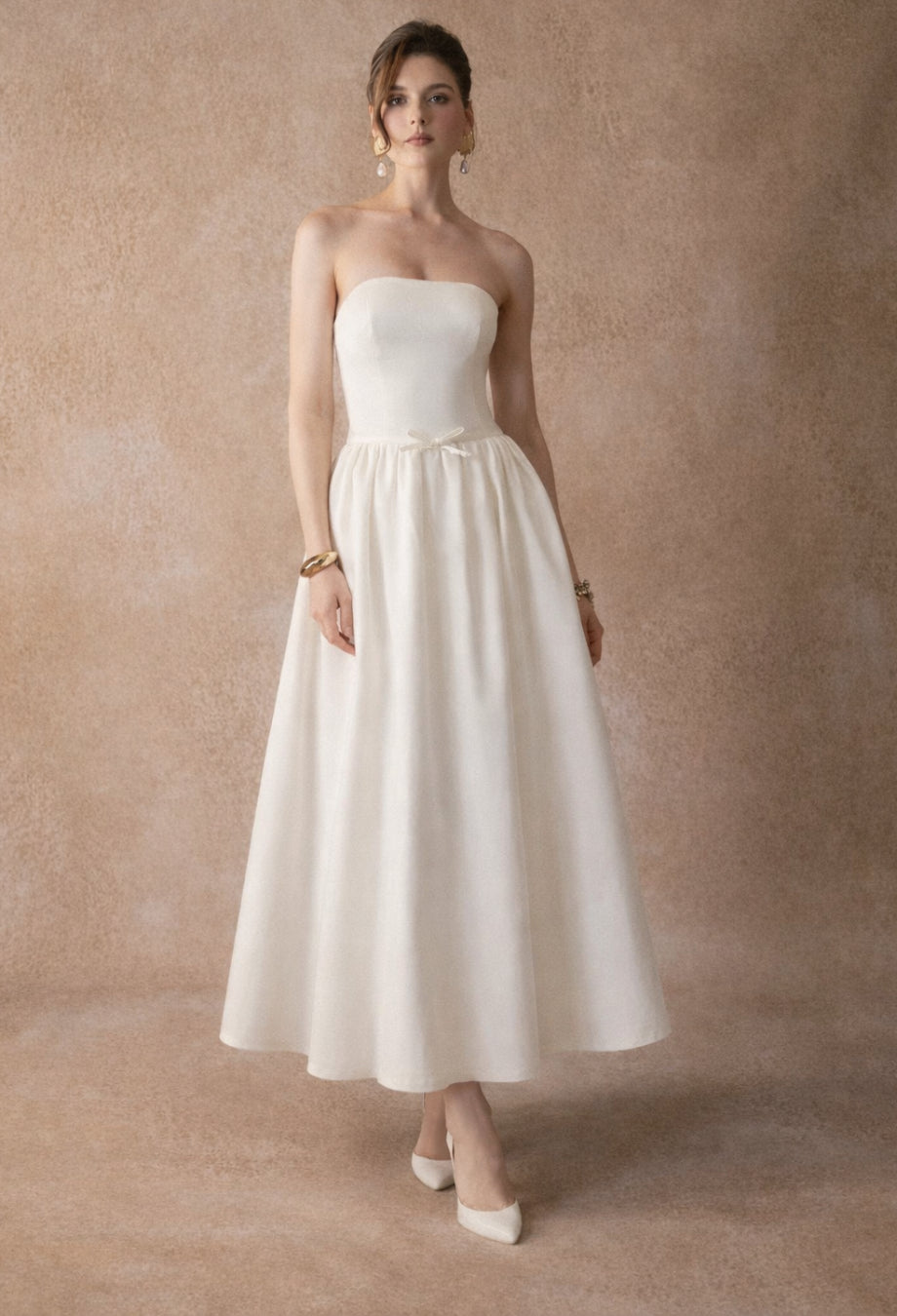 Madeleine White Strapless Midi Dress, best bridal wear