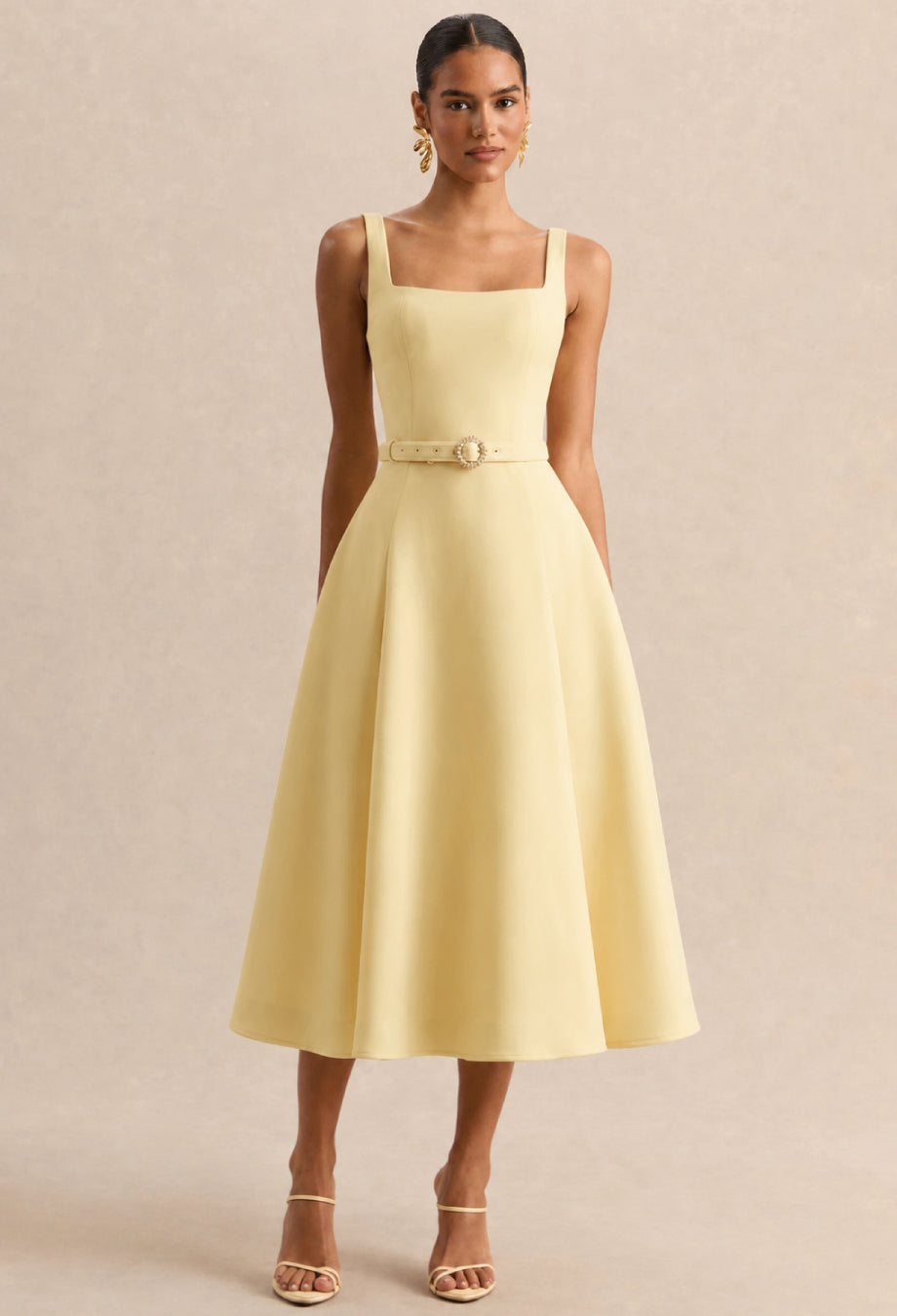 Mademoiselle Butter Yellow Square Neck Cocktail Midi Dress, butter yellow dress​