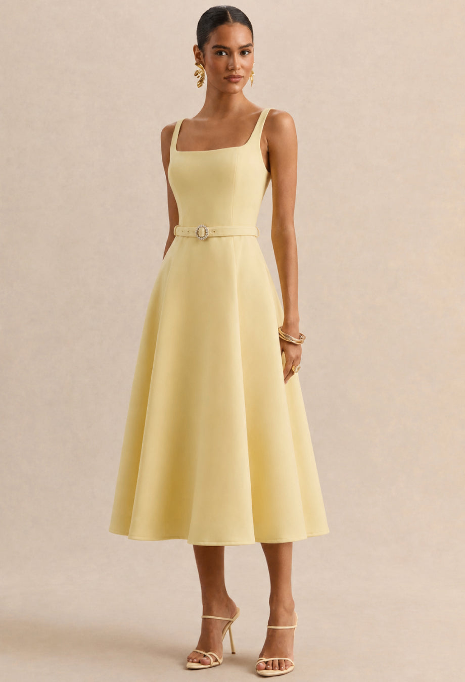 Mademoiselle Yellow Square Neck Cocktail Midi Dress