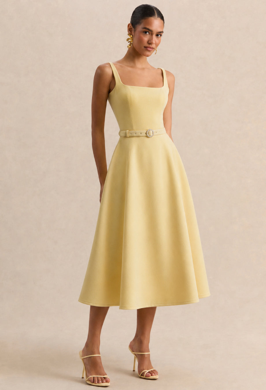 Mademoiselle Yellow Square Neck Cocktail Midi Dress