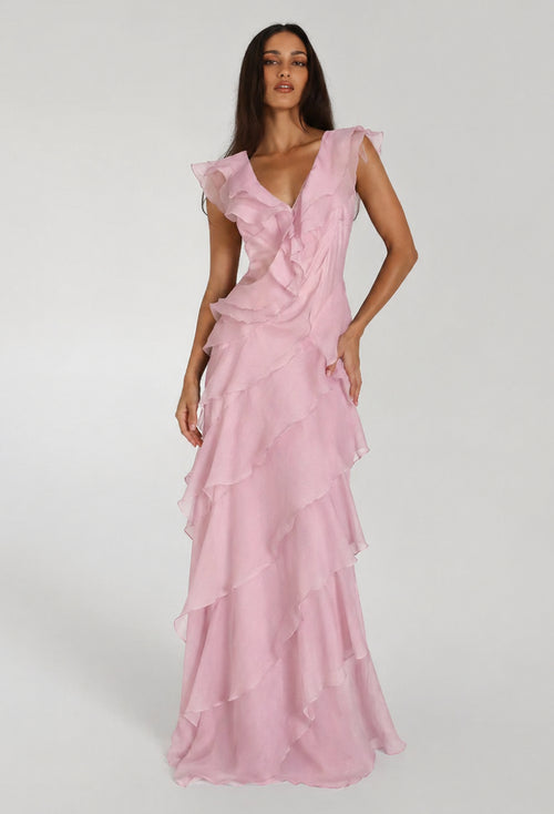 Malila Blush Pink Ruffle Maxi Dress, pink ruffle dress, pink ruffle maxi dress​