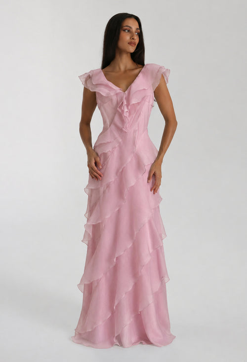Malila Blush Pink Ruffle Maxi Dress, pink ruffle prom dress​