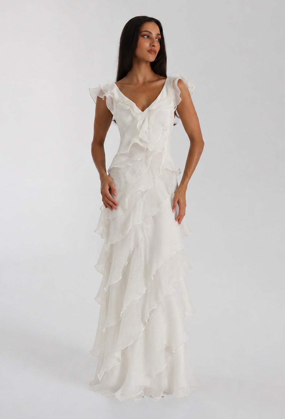 White Layered Ruffle Maxi Dress for Weddings & Formal Events