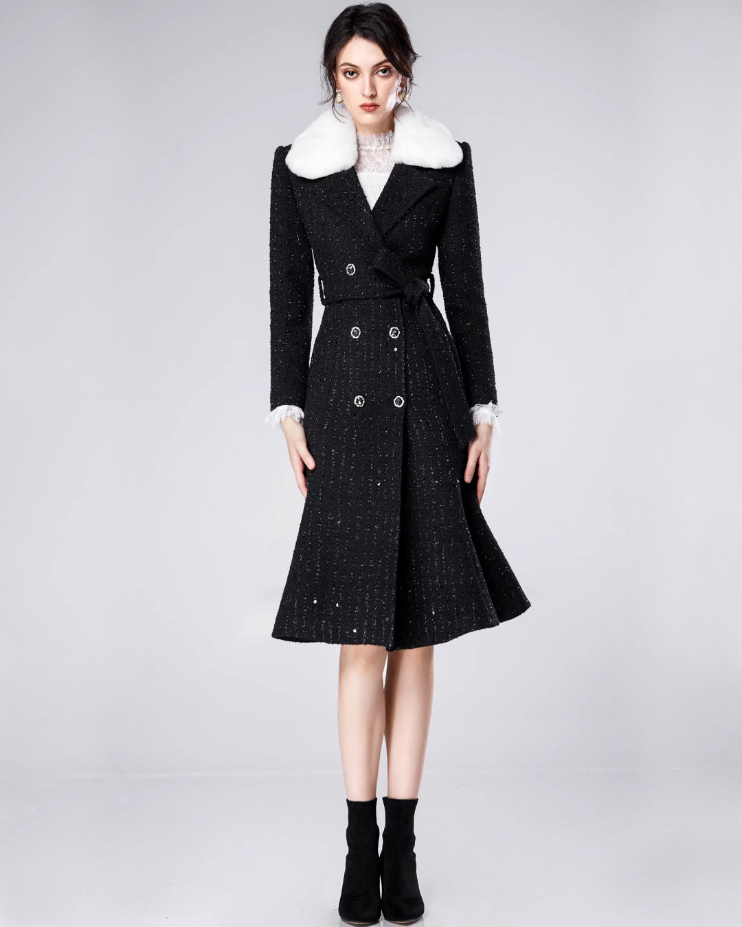 Marcel Faux Fur Trimmed Tweed Midi Coat Dress for Women, midi coat dress​, midi coat dress for women​