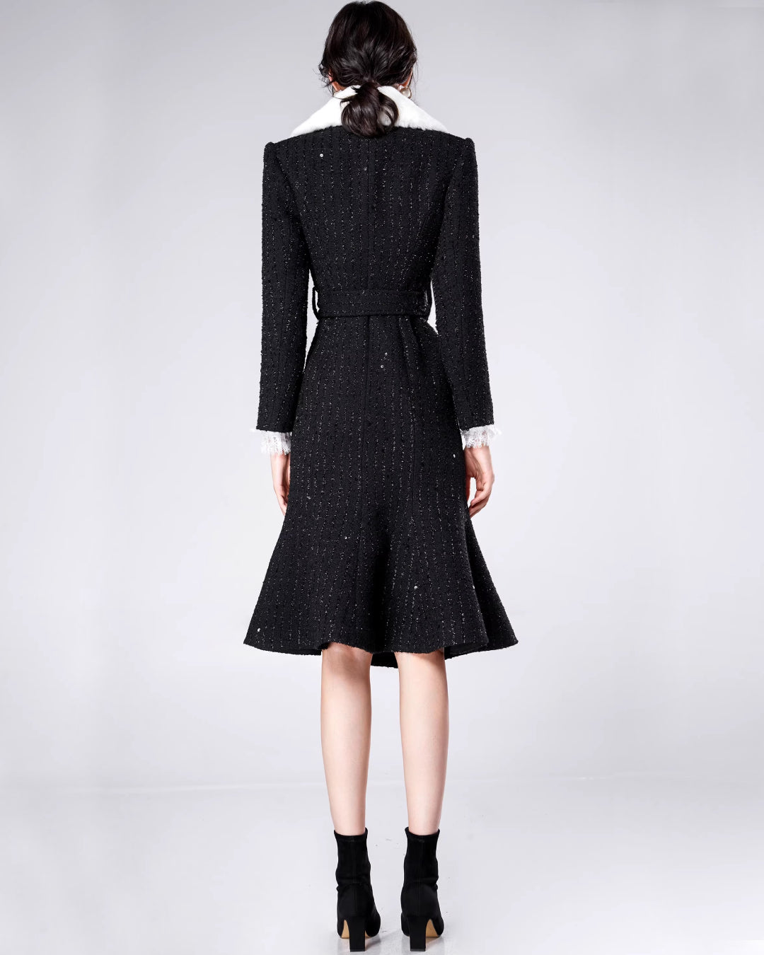 Marcel Faux Fur Trimmed Tweed Midi Coat Dress for Women, winter lady dress, winter cocktail dress​