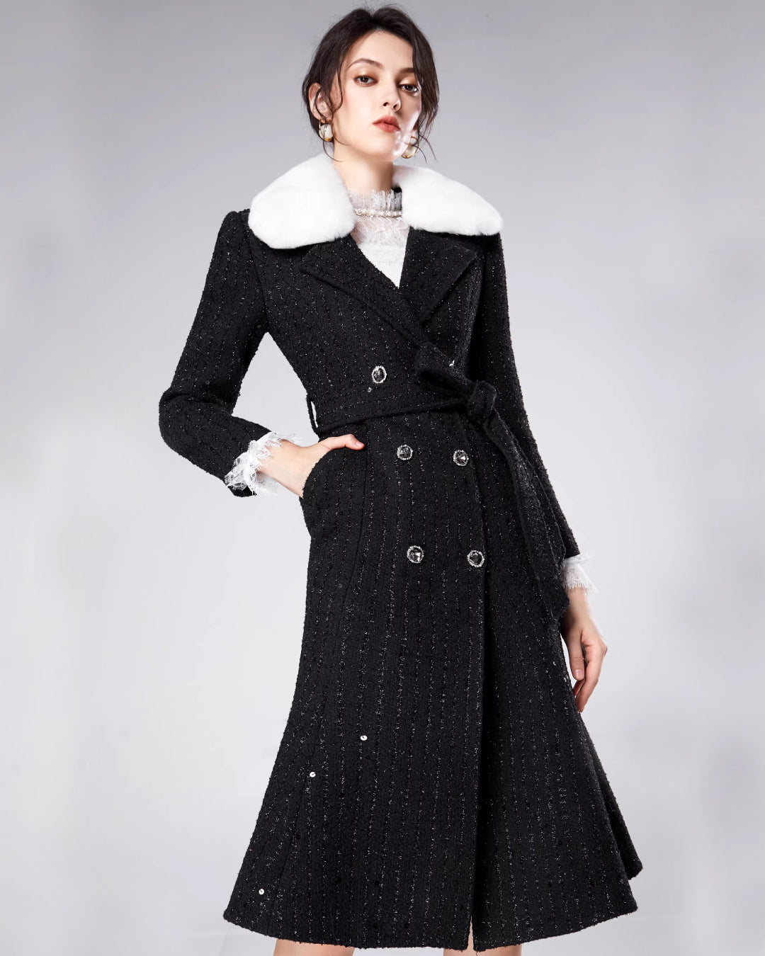 Marcel Faux Fur Trimmed Tweed Midi Coat Dress for Women, winter lady dress, winter cocktail dress​