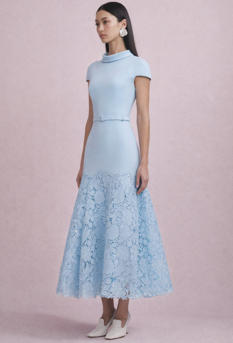 Mariella Baby Blue Crepe Lace Midi Dress, baby boo blue dress, women's baby blue dress, baby blue wedding guest dress