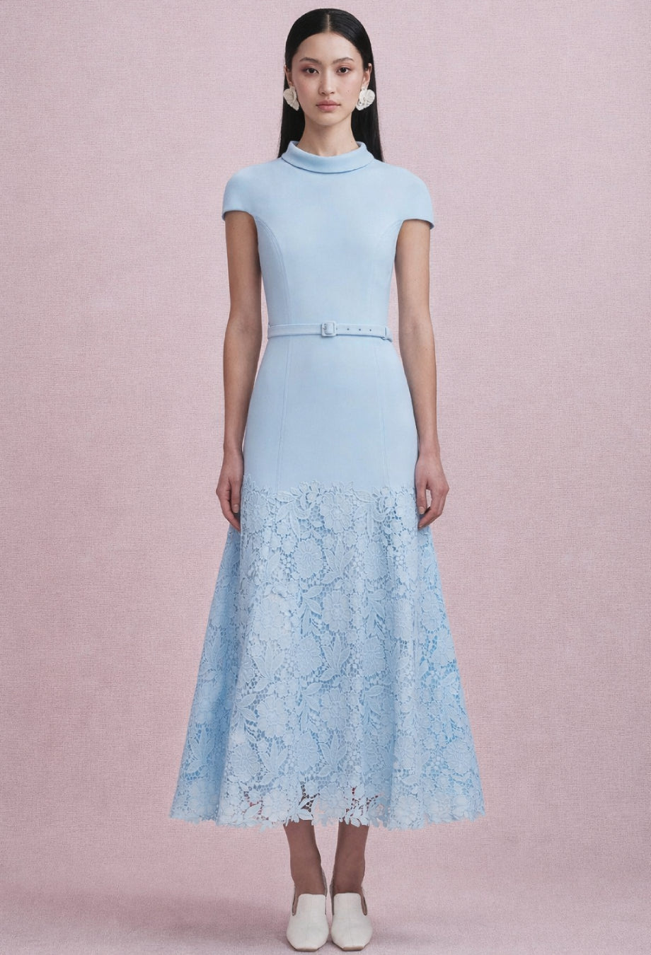 Mariella Baby Blue Crepe Lace Midi Dress, baby boo blue dress, women's baby blue dress