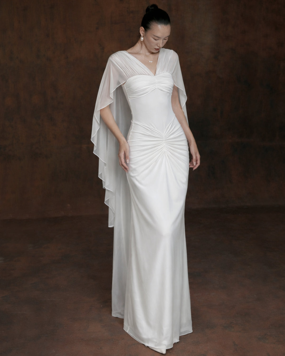 Mary Rose White Maxi Dress with Shawl, formal dress with shawl​, shawl with evening dress​, shawl with wedding dress​