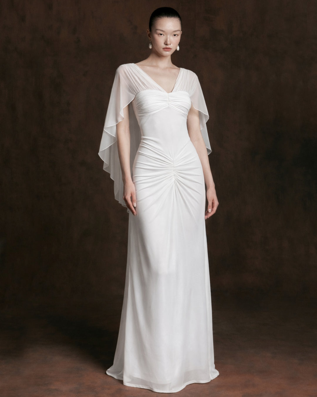 Mary Rose White Maxi Dress with Shawl, formal dress with shawl​, shawl with evening dress​, shawl with wedding dress​, huong boutique