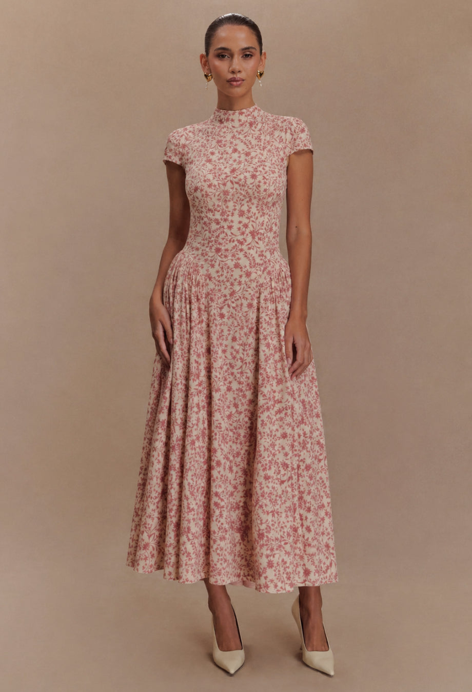 Maven Pink Floral Midi Dress, chiffon wedding guest dress