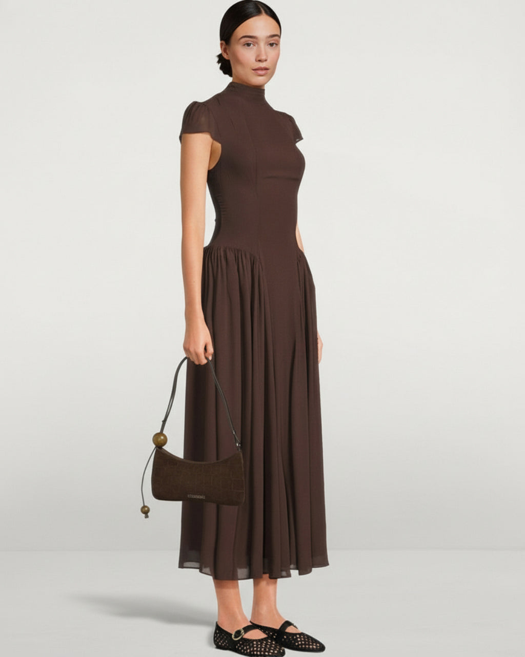 Maven Midi Dress in Coffee Brown, Women's Formal Midi Dress, semi formal wedding guest dress​