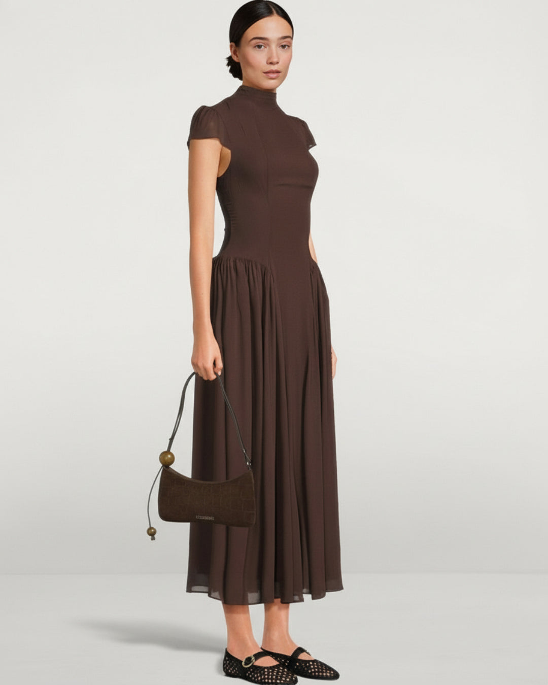 Maven Midi Dress in Coffee Brown, Women's Formal Midi Dress, semi formal wedding guest dress​