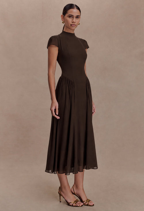 brown reformation dress Maven Midi in Coffee Leg day Hellymoon Women Sparkly Royal alltops Color:Misty Beige