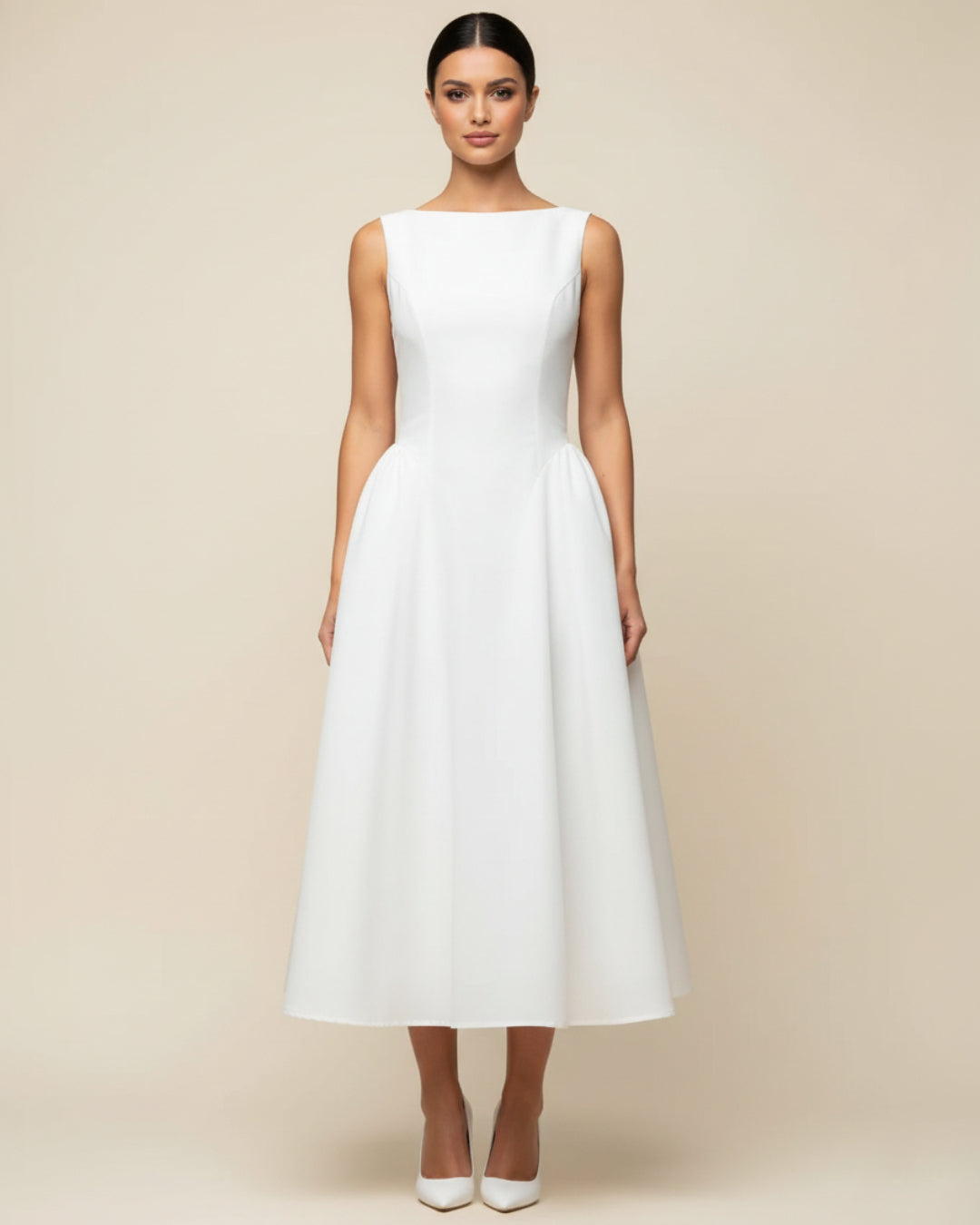 Emerson Ivory Midi Dress, graduation dress​, white graduation dress​, modest graduation dress, female graduation dress​