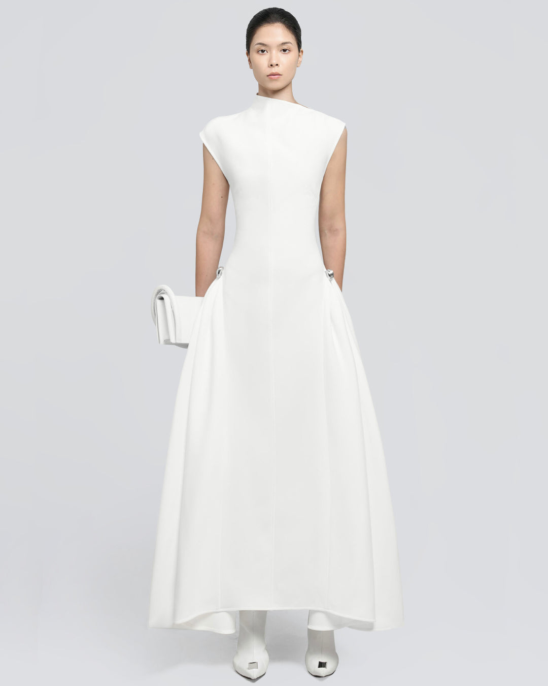 Meshki White Feminine Midi Dress, High Neck White Midi Dress, feminine dress