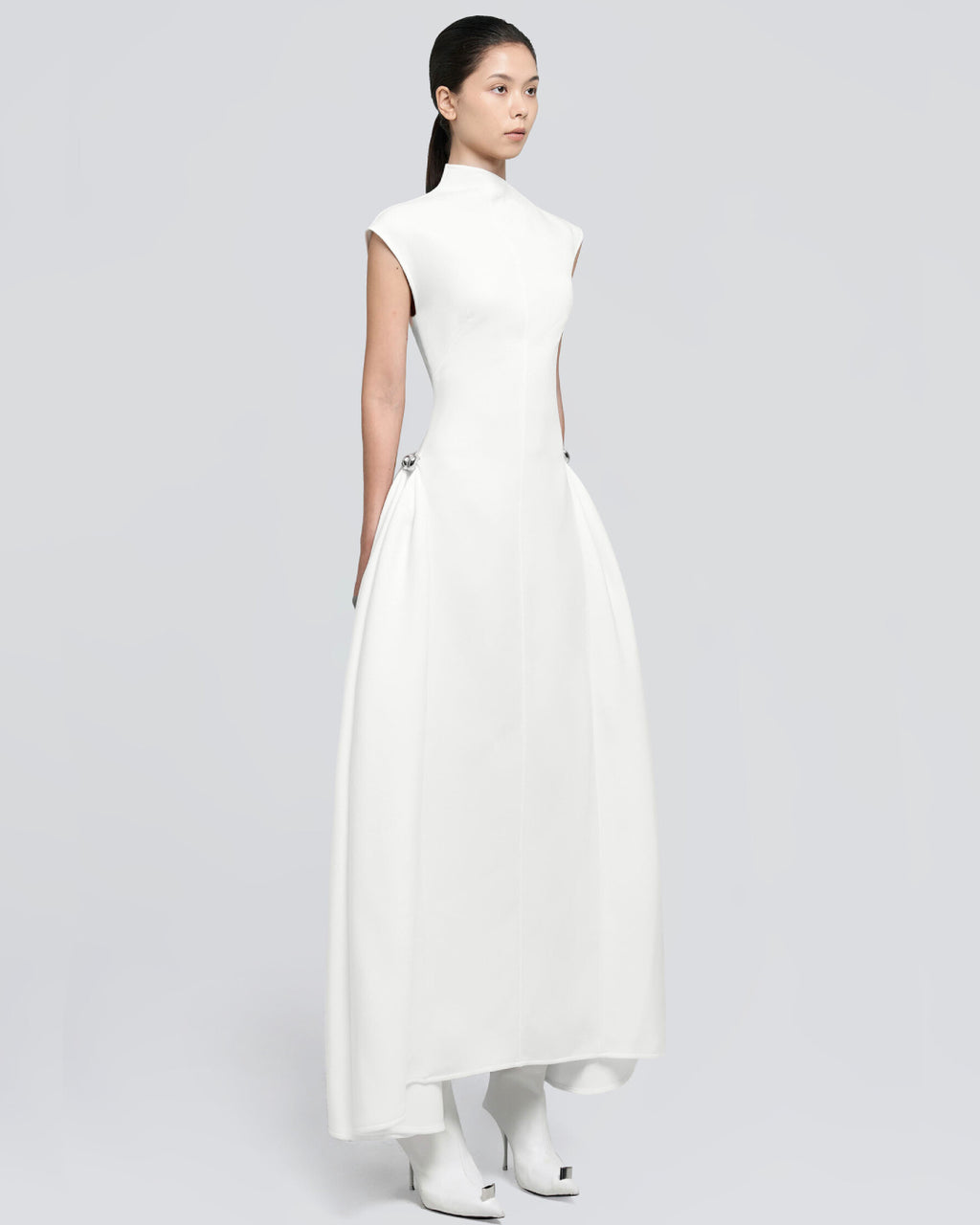 Meshki White Midi Dress, High Neck White Midi Dress, white midi dress fitted