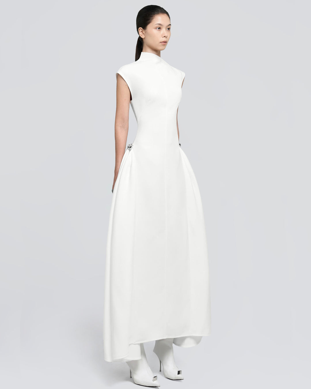 Meshki White Midi Dress, High Neck White Midi Dress, white midi dress fitted