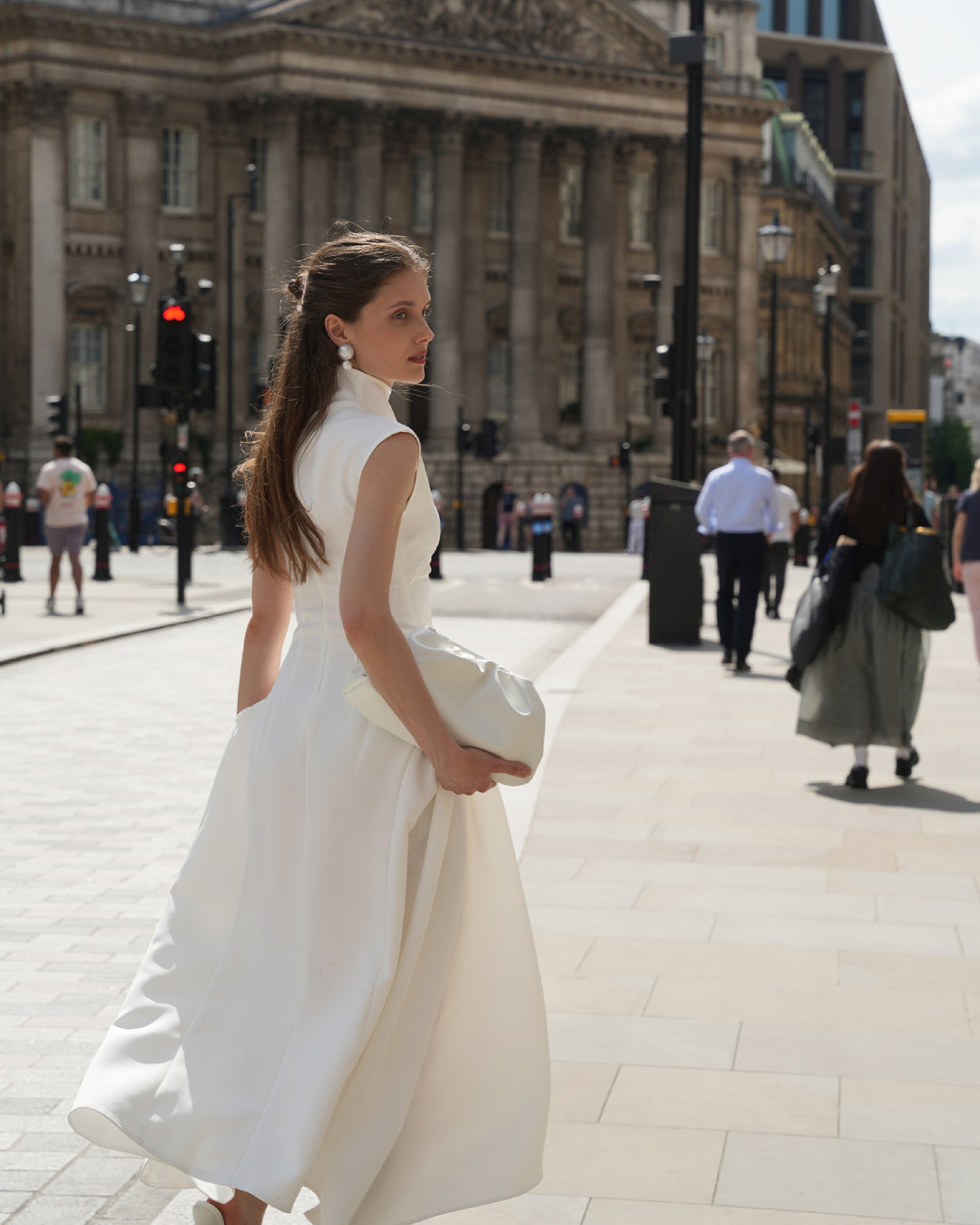 Meshki White Midi Dress, High Neck White Midi Dress, odd muse white midi dress, white midi graduation dress