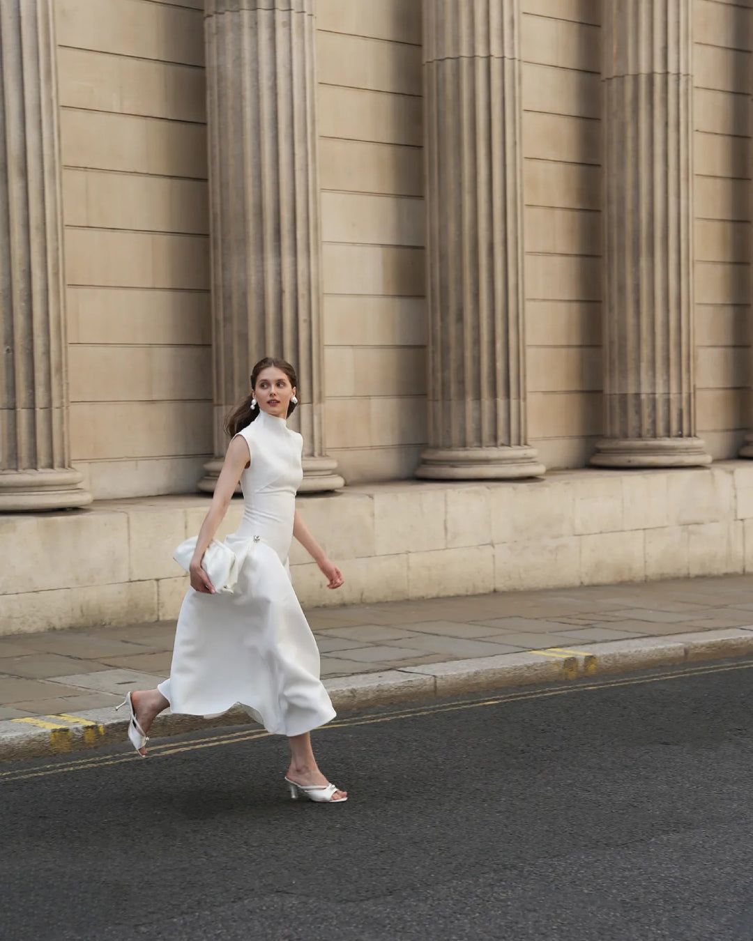 Meshki White Midi Dress, High Neck White Midi Dress, feminine dress, white midi dress womens, white midi grad dress