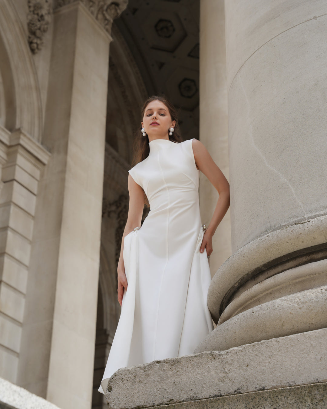 Meshki White Midi Dress, High Neck White Midi Dress, feminine dress, white midi dress womens, white midi grad dress