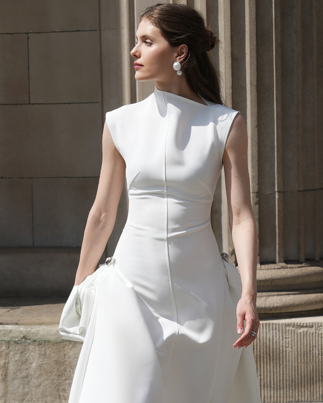 Meshki White Midi Dress, High Neck White Midi Dress, odd muse white midi dress, white midi graduation dress