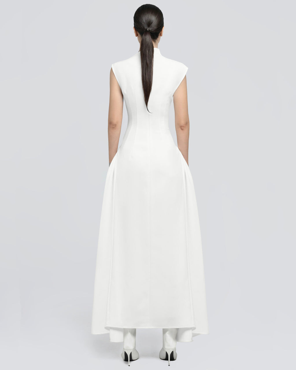 Meshki White Midi Dress, High Neck White Midi Dress, white midi dress womens, white midi grad dress