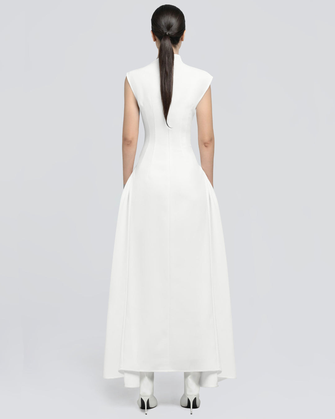 Meshki White Midi Dress, High Neck White Midi Dress, white midi dress womens, white midi grad dress