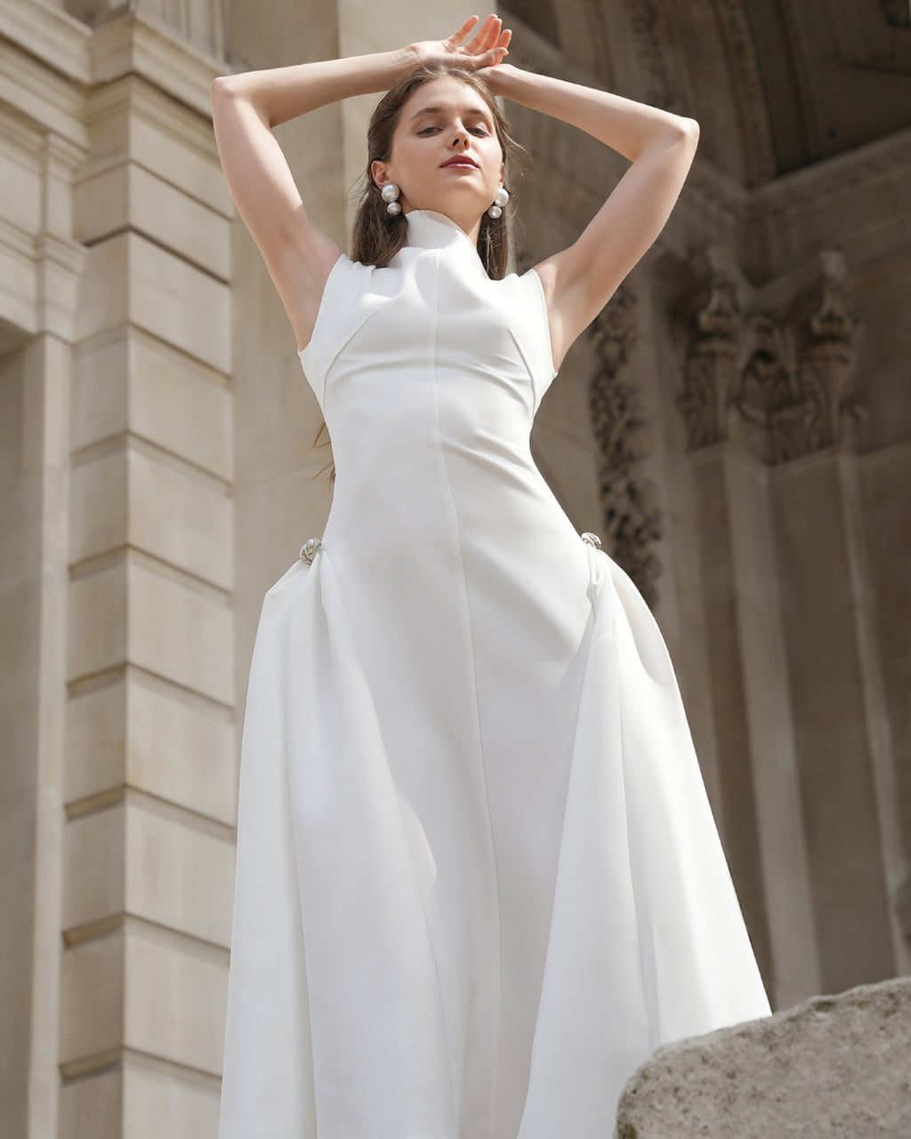 Meshki White Midi Dress, High Neck White Midi Dress, odd muse white midi dress, white midi graduation dress