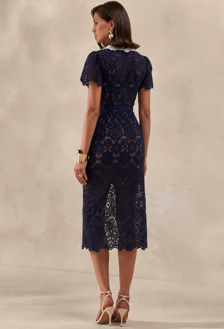 blue lace midi dress Milena Navy Blue Lace Dress with Short Sleeves