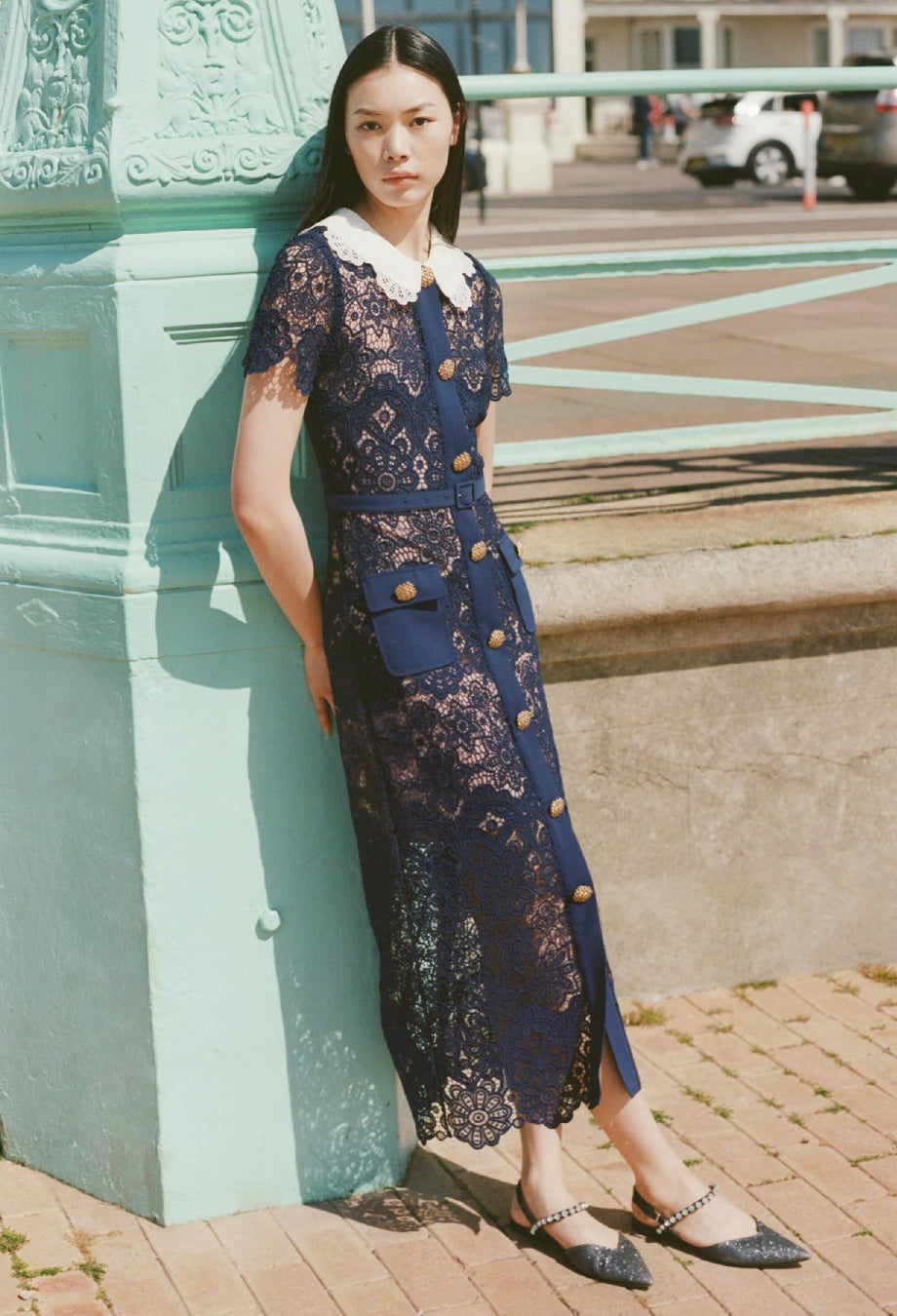 Milena Navy Blue Lace Dress with Short Sleeves, formal navy blue dress for wedding, long navy blue dress​