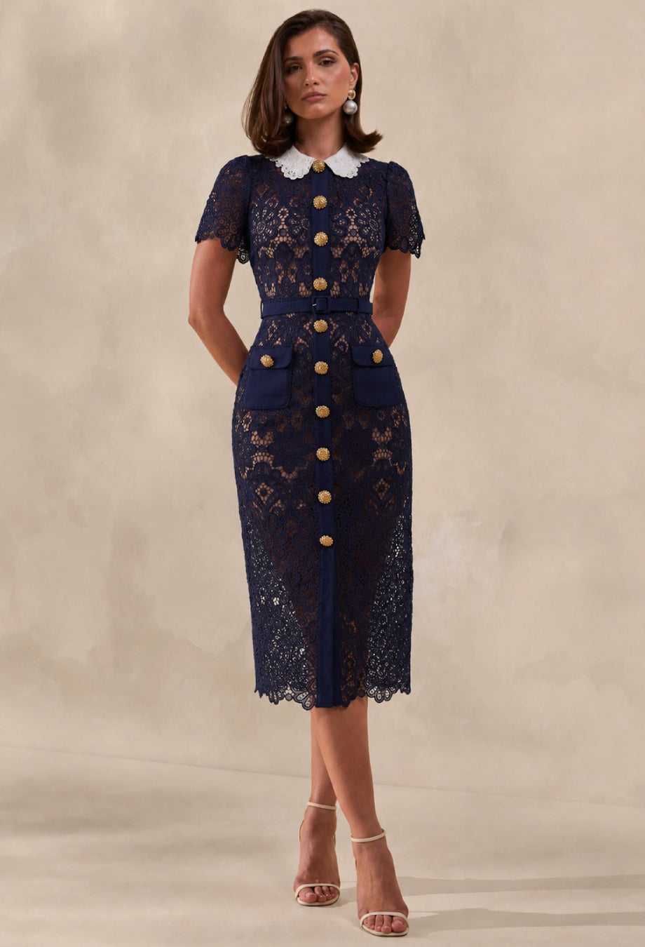 Milena Navy Blue Lace Dress with Short Sleeves, navy blue lace dress with sleeves​, dress navy blue lace​, lace navy blue dress