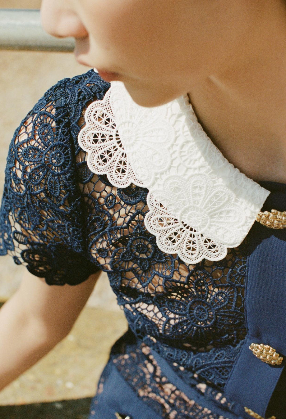Milena Navy Blue Lace Dress with Short Sleeves, formal navy blue dress for wedding, long navy blue dress​
