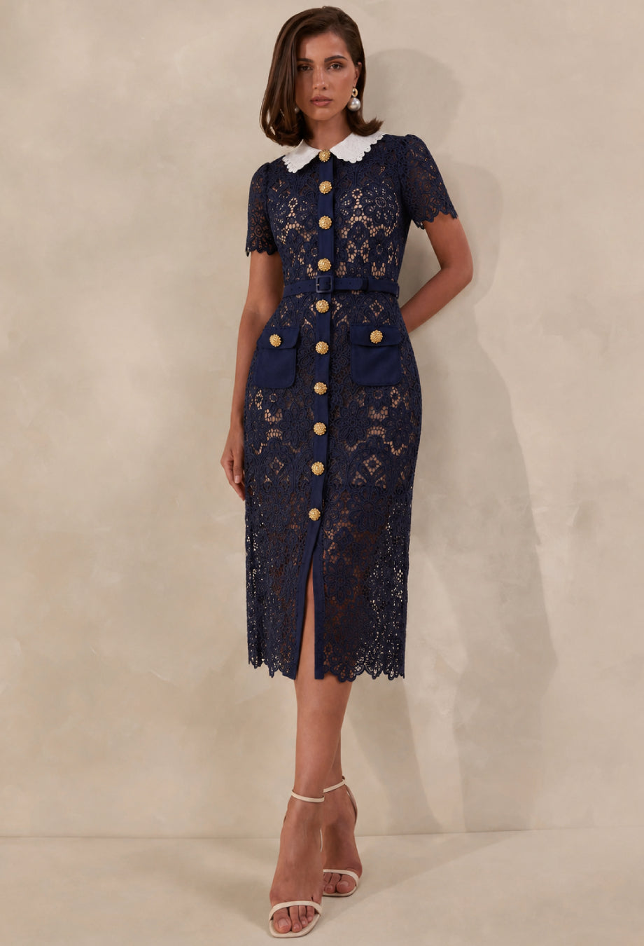 Milena Navy Blue Lace Dress with Short Sleeves, navy blue long dress, navy blue midi dress button up​