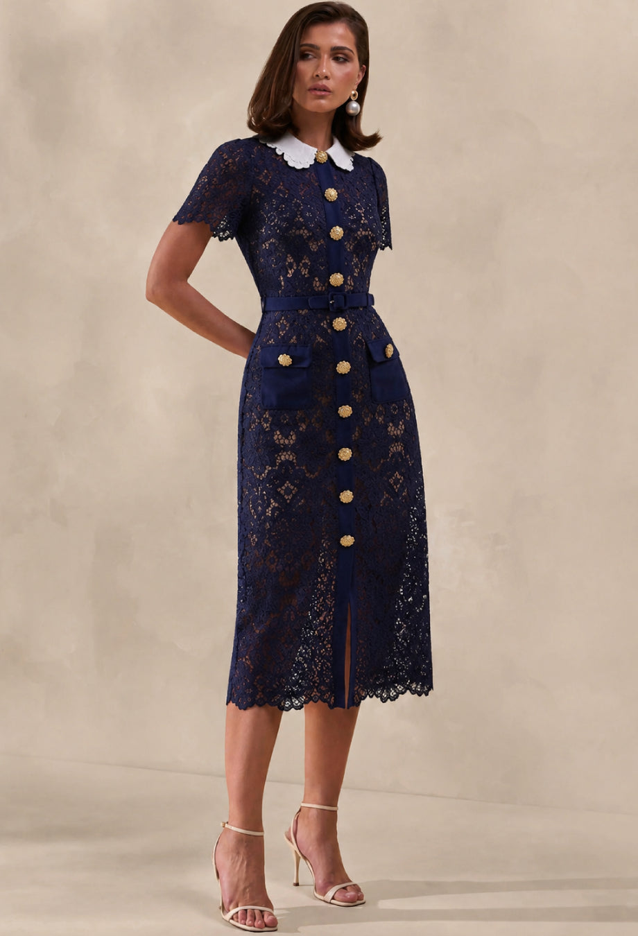 Milena Navy Blue Lace Dress with Short Sleeves