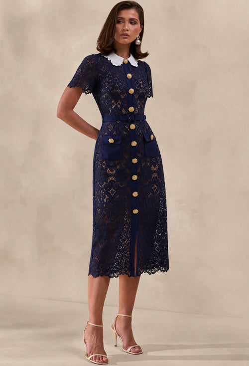 navy blue sheath dress with sleeves Milena Lace Short Size Type:Regular Sleek black dress and Zip closure TB99
